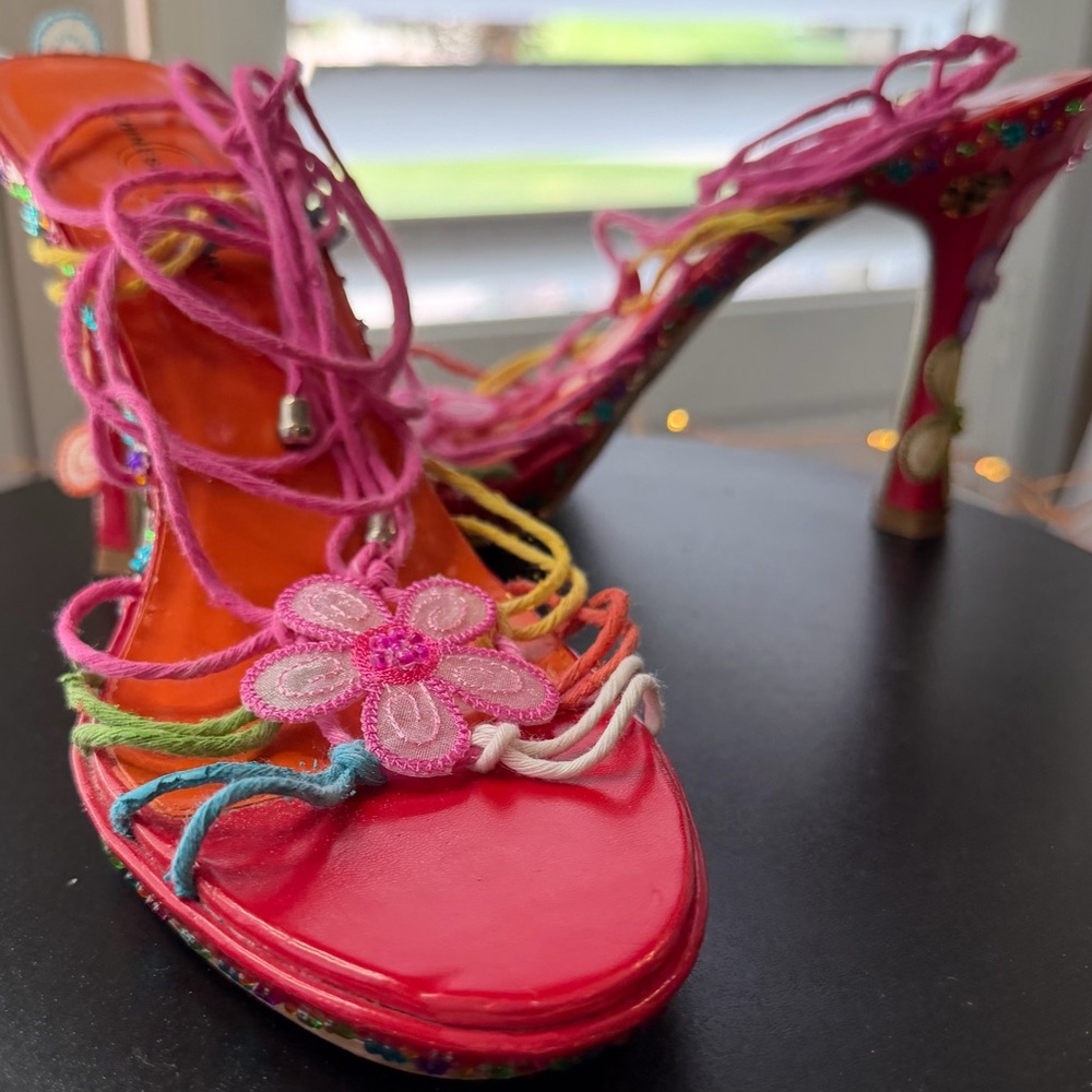 OOAK Bright Lights Strappy Rainbow Gladiator Statement Platform Heels, sz 8.5 - Picture 14 of 17